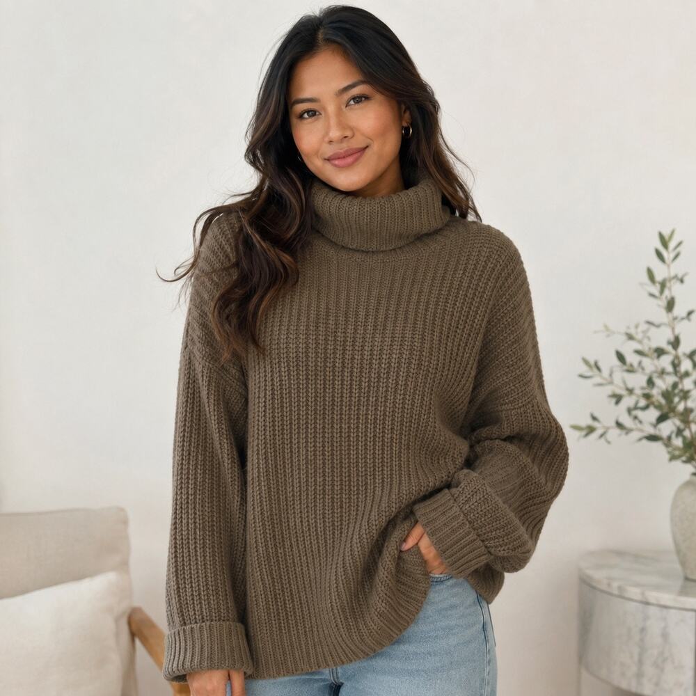 Free people chunky knit turtleneck oversized Lagenlook boho sweater women M